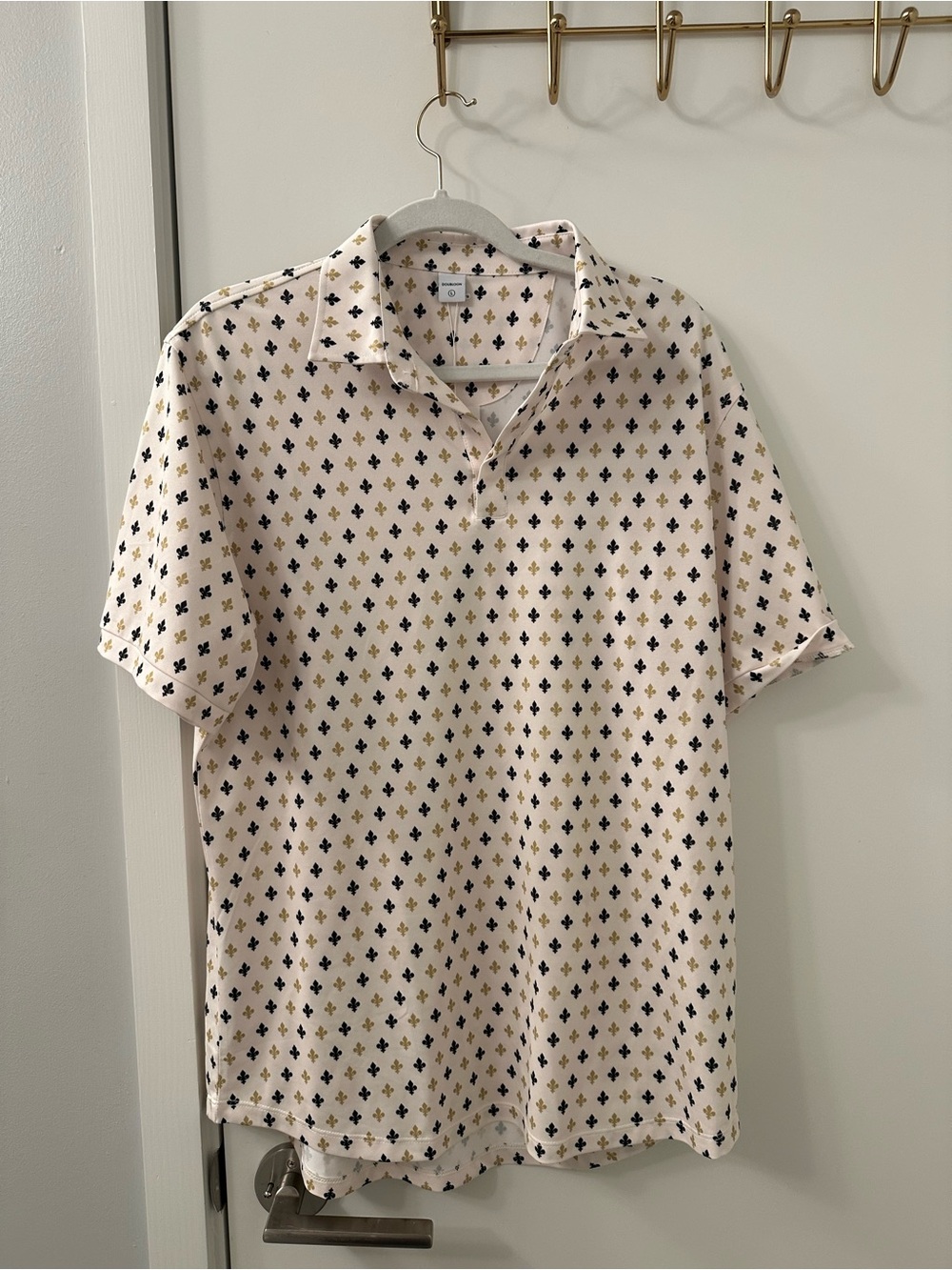 Men's Short-Sleeve Polo in Cream with Black & Gold Print